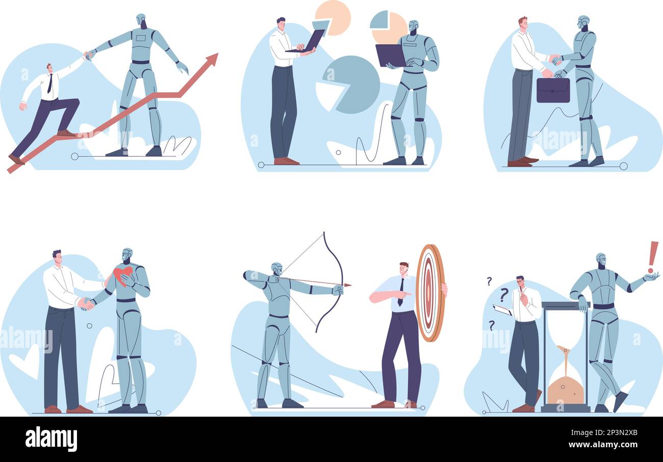 Robot and people. Robots vs business person on work. Programmers competition with ai, android working in office and analytics. Kicky robotic vector Stock Vector