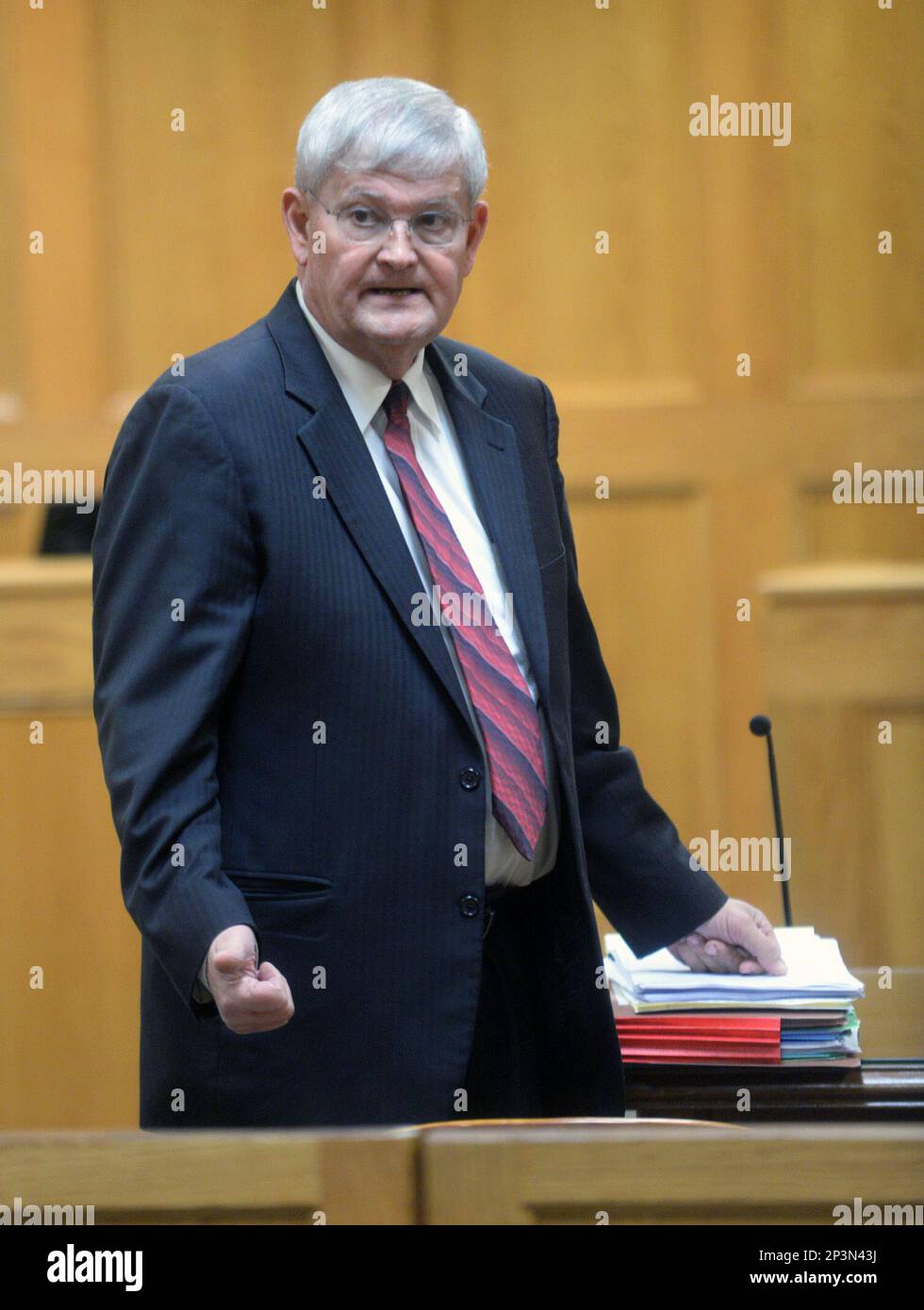 Panola County District Attorney Danny Buck Davidson looks to the back of  the courtroom prior to a status hearing Friday, Jan. 2, 2015, in the 123rd  District Court in the Panola County, image size:980x1390