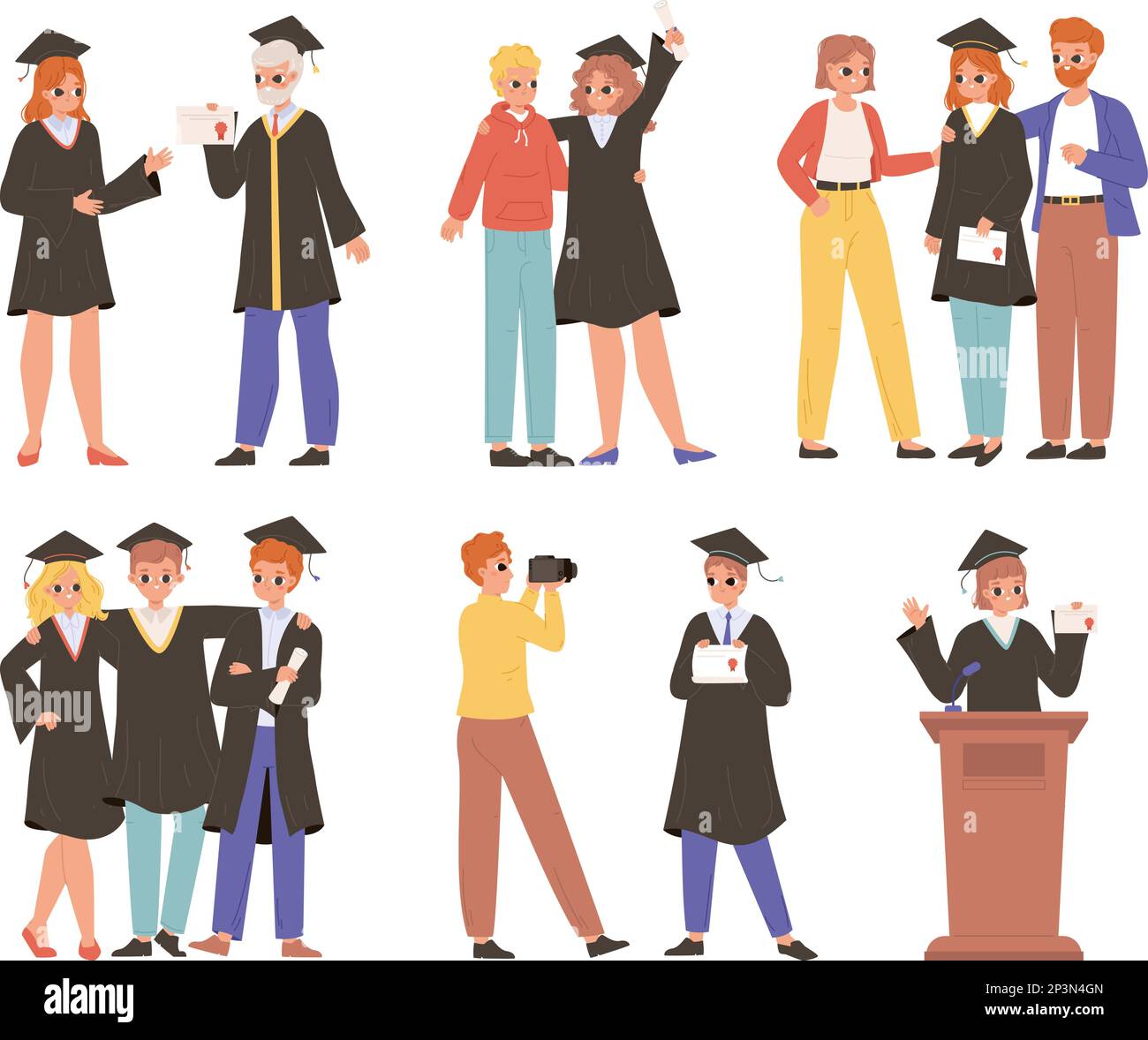 Graduate college students hold diploma, standing with friends and parents. Student get certificate, bachelor degree. University snugly vector Stock Vector