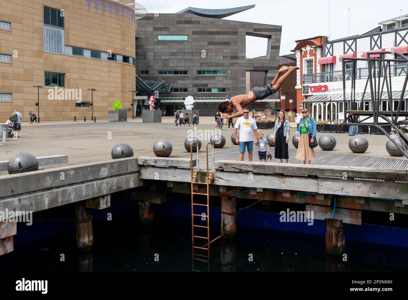 Person diving into a dock of Wellington harbour, New Zealand. Young