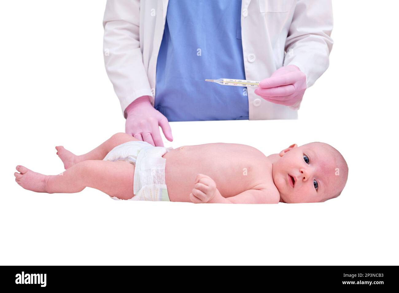 Doctor checks the temperature of the newborn baby with a thermometer