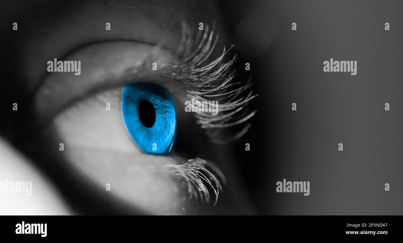 Detail of a human brown amber eye, visible iris, woman, colours, flash Stock Photo