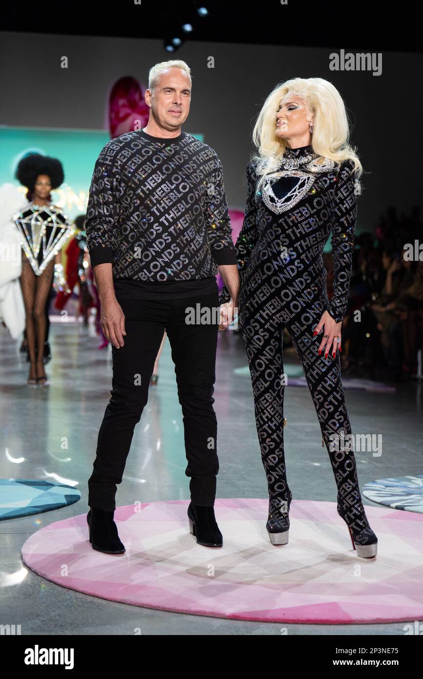 NEW YORK, NEW YORK - FEBRUARY 15: David Blond and Phillipe Blond greet the audience after presenting The Blonds Fall 2023 fashion show at Gallery at S Stock Photo