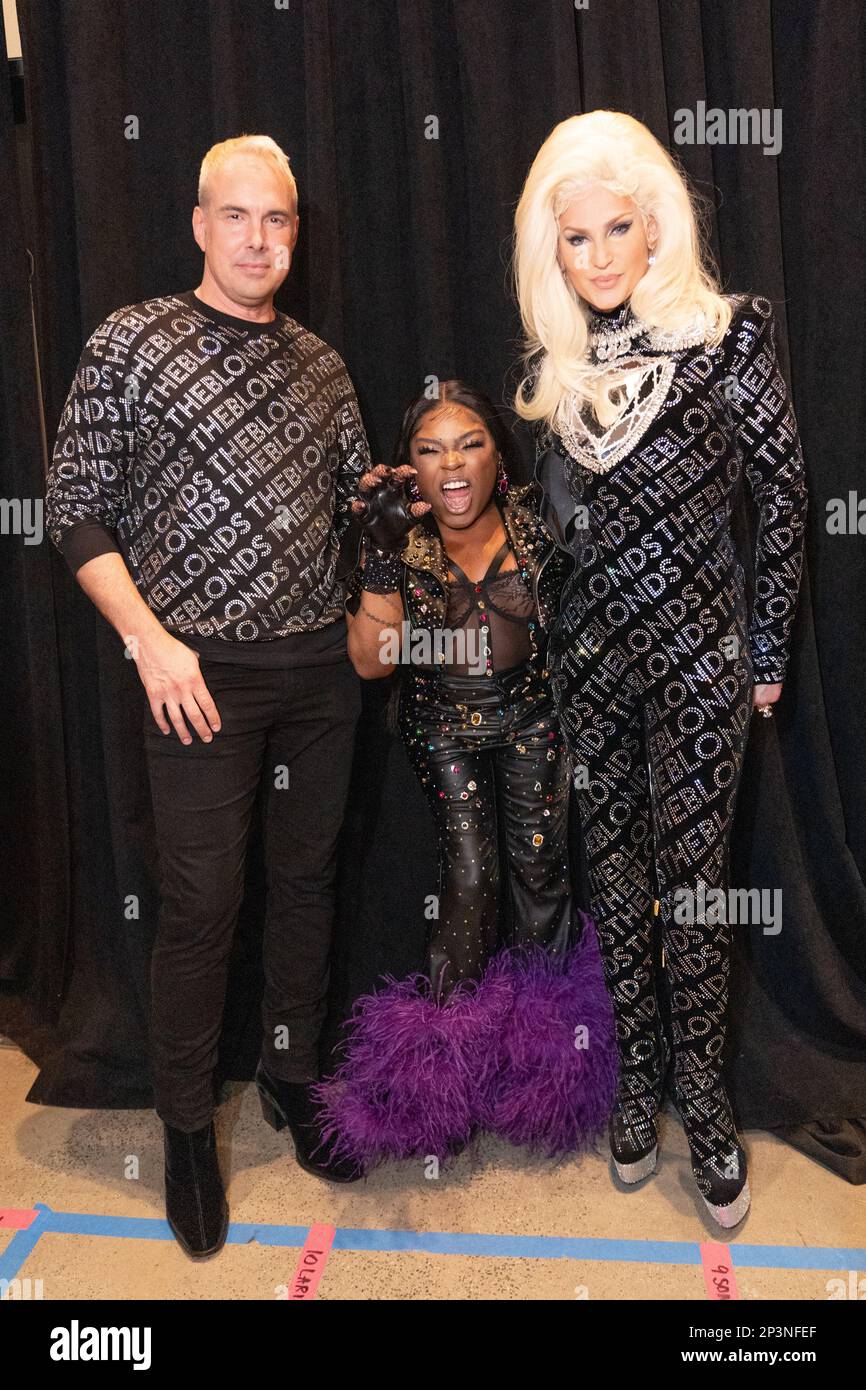 NEW YORK, NEW YORK - FEBRUARY 15: David Blond and Phillipe Blond posing with guest after presenting The Blonds Fall 2023 fashion show at Gallery at Sp Stock Photo