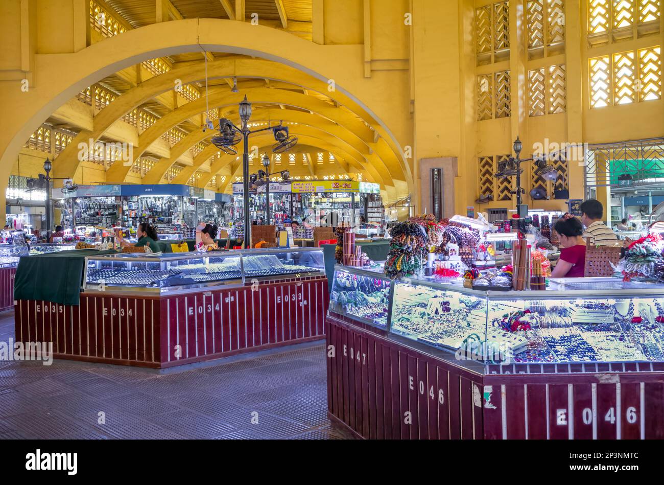 A view across the ground floor jewellry stalls in the art deco Central Market in Phnom Penh, Cambodia. Stock Photo