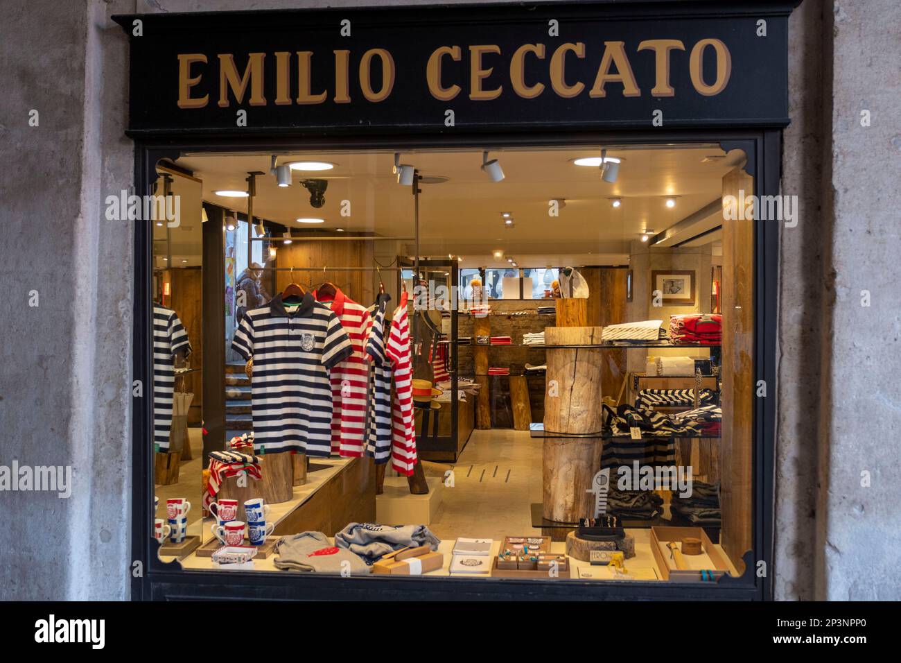 Gondolier uniforms on display in the Emilio Ceccato shop window, Venice, Italy Stock Photo