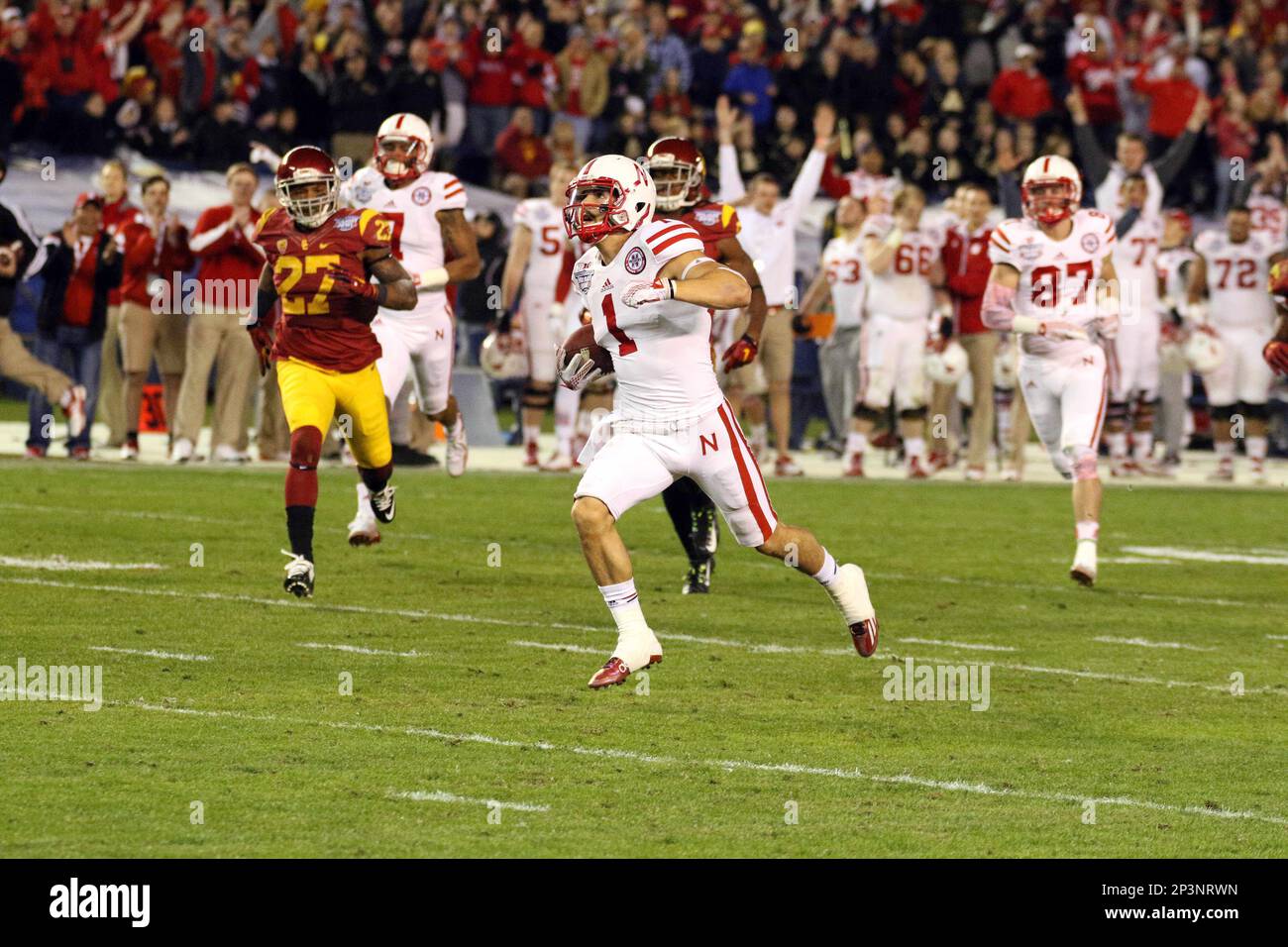 December 27 2014 Nebraska Cornhuskers wide receiver Jordan Westerkamp 1 scores a touchdown during the National University Holiday Bowl game between the Nebraska Cornhuskers and the USC Trojans at the ...