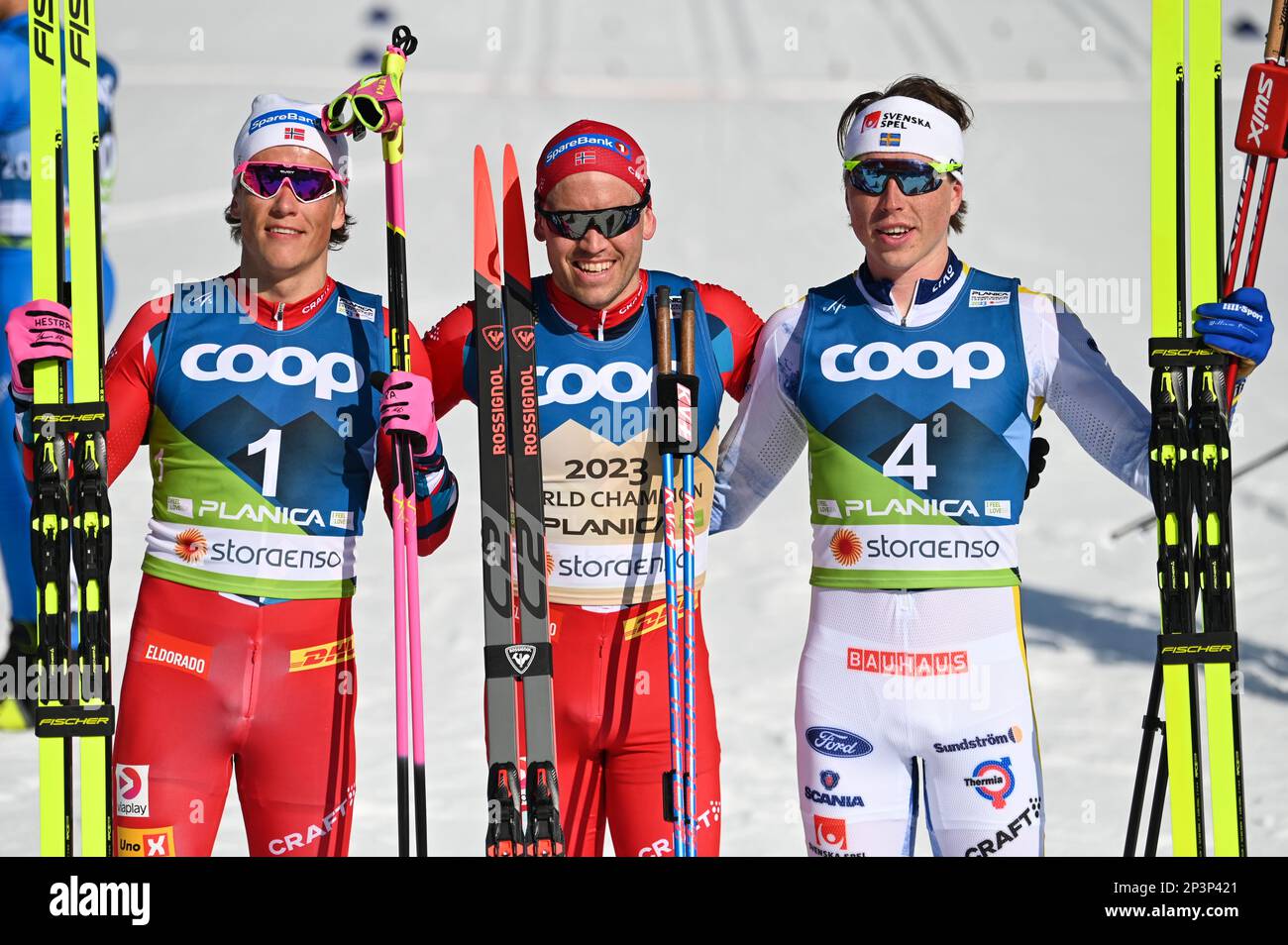 Planica, Slovenia. 5 March, 2023.  Medalists in the men’s 50-kilometer classic race at the 2023 FIS World Nordic Ski Championships in Planica, Slovenia. From left, Johannes Hoesflot Klaebo (second, Norway); Paal Golberg (first, Norway); William Poromaa (third, Sweden). Credit: John Lazenby/Alamy Live News Stock Photo