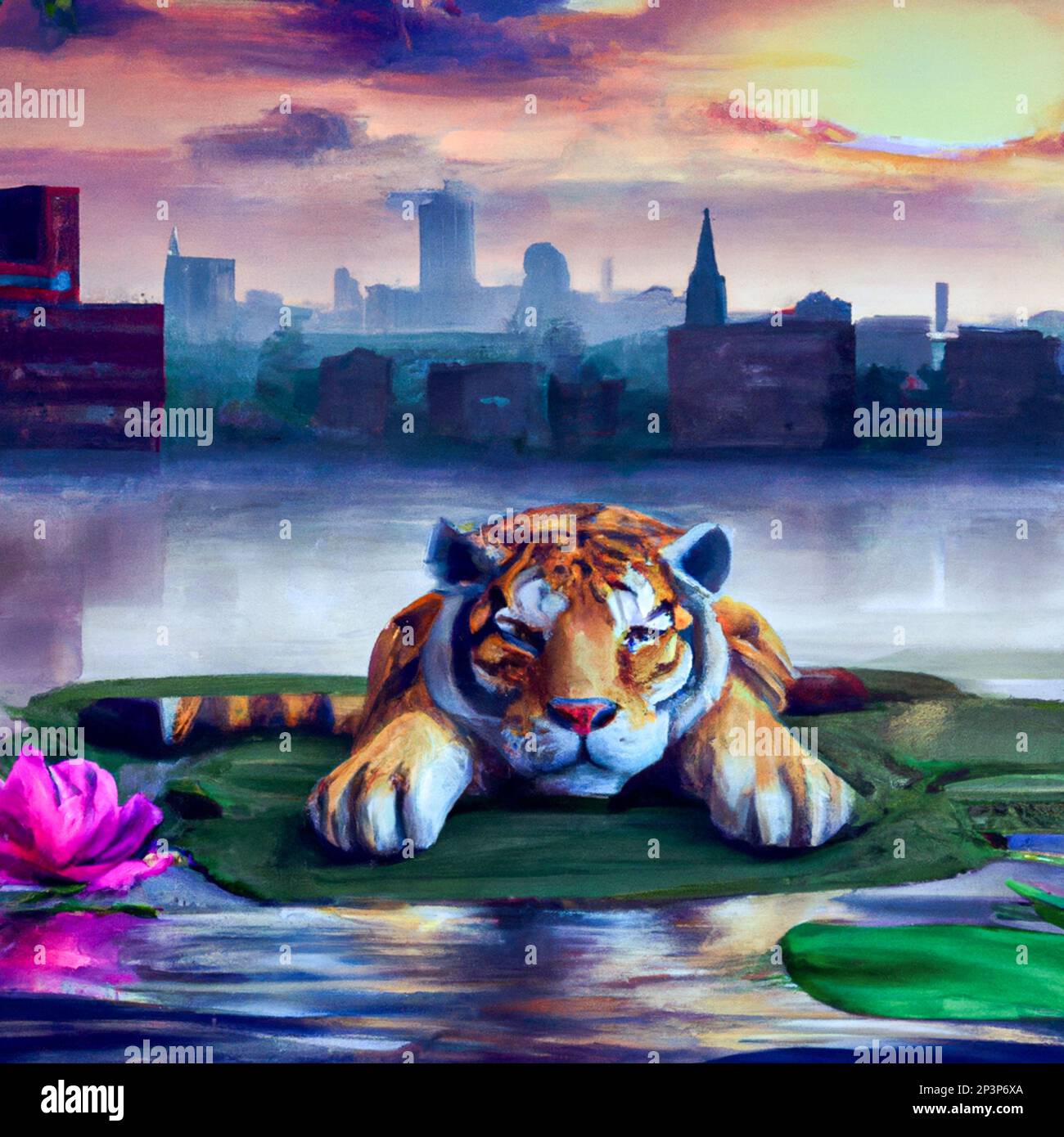 Digital illustration of wild animals. In a big city to illustrate the threats on biodiversity and fauna and flora on the occasion of the United Nations Conference on Biodiversity (COP 15) in Montreal. Image created via an artificial intelligence program by Martin Bertrand and then edited. France. Stock Photo