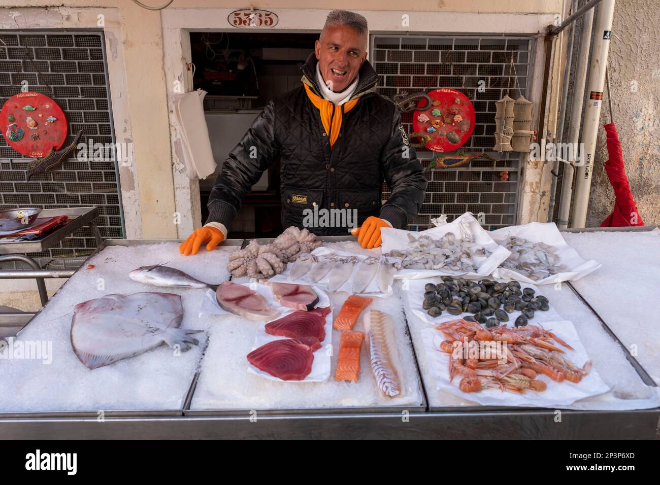 Fish vender with his display of fresh fish laid out for sale, Venice, Italy Stock Photo