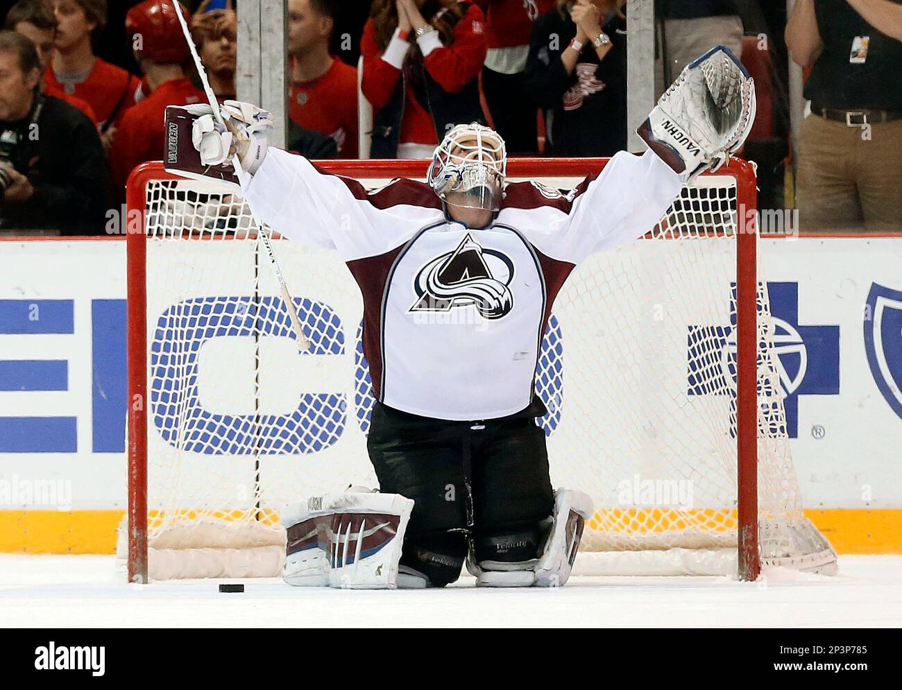 Colorado Avalanche goalie Calvin Pickard (31) celebrates after stopping