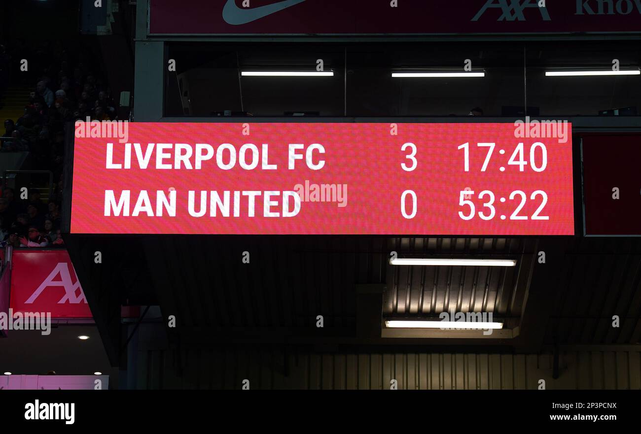 The scoreboard scoring 30 to Liverpool during the Premier League match