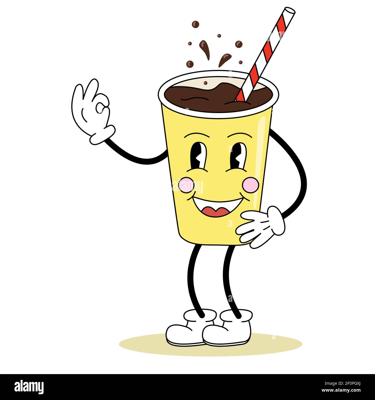 Retro style cute soft soda drink cartoon character with a straw