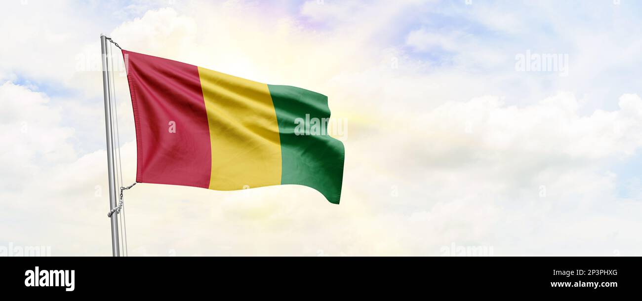 Guinea flag waving on sky background. 3D Rendering Stock Photo
