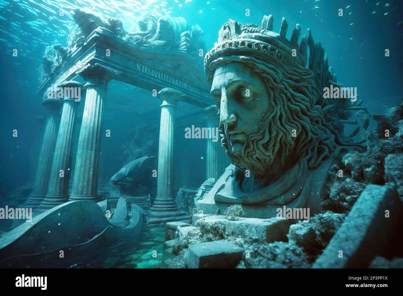 Ancient city ruins underwater, old statues on sea ground, generative AI