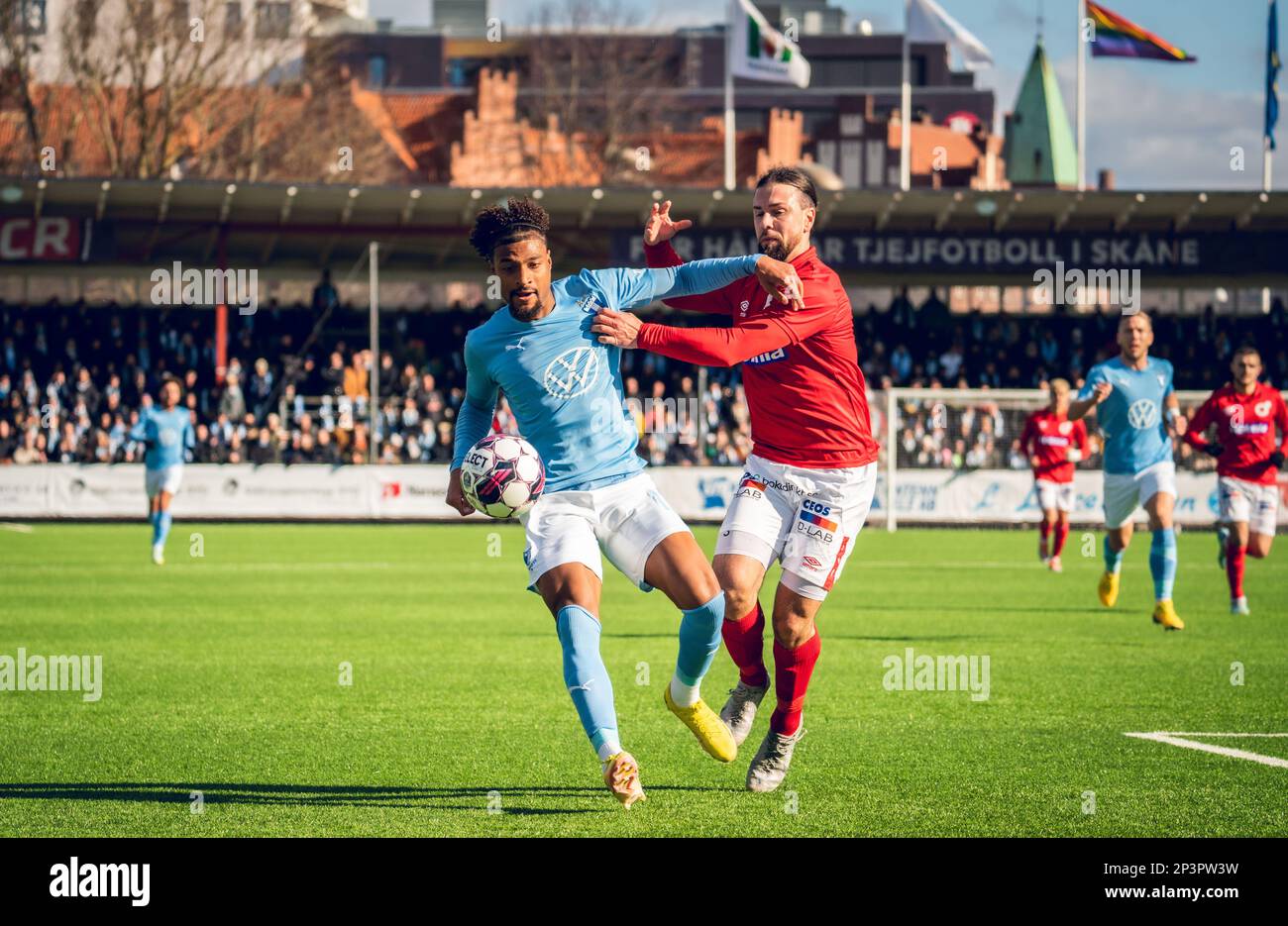 Malmoe, Sweden. 05th Mar, 2023. Joseph Ceesay (15) of Malmoe FF and Abdelkarim Mammar Chaouche (3) of Degerfors seen during the Svenska Cup match between Malmoe FF and Degerfors at Malmoe Idrottsplats in Malmoe. (Photo Credit: Gonzales Photo/Alamy Live News Stock Photo