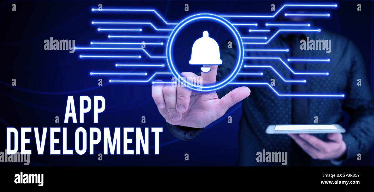 Hand writing sign App Development. Word for Development services for awesome mobile and web experiences Stock Photo