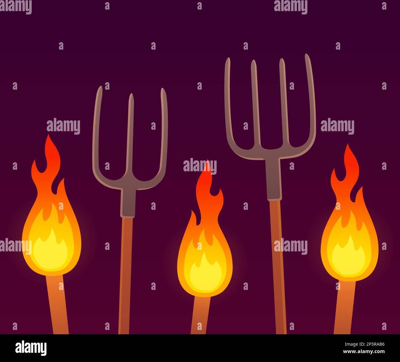 Burning torches and pitchforks, angry mob protest. Cartoon vector illustration. Stock Vector