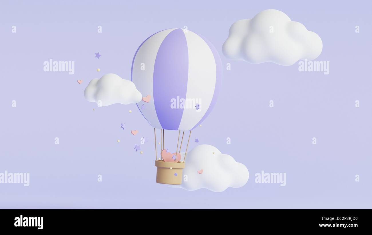 3d card with blue baloon cloud on colorful background. Hot air balloon ...