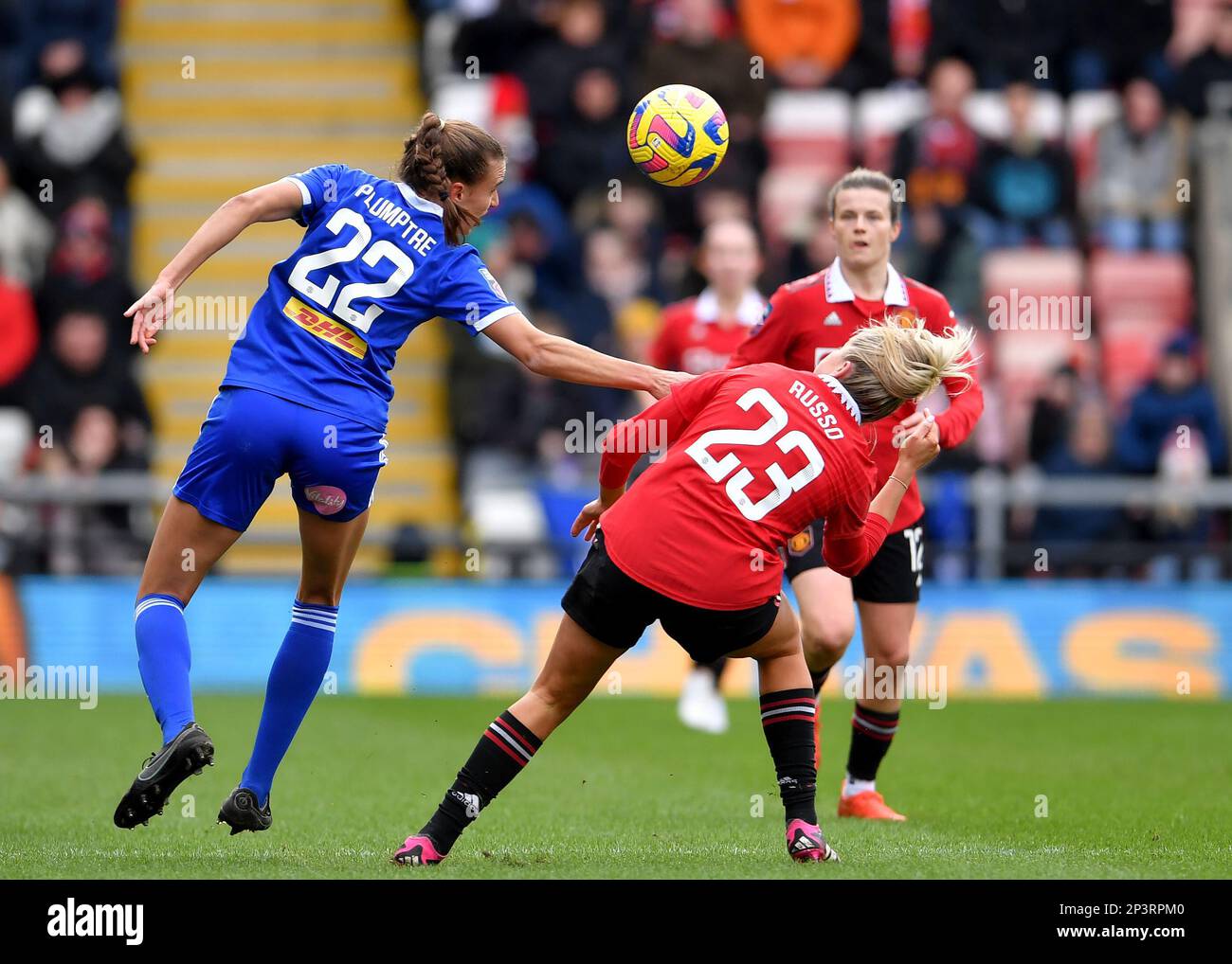 Leigh, UK. 5th Mar, 2023. Ashleigh Plumptre of Leicester City and Ona Batlle of Manchester United compete for the ball during the The FA Women's Super League match at Leigh Sports Village, Leigh. Picture credit should read: Gary Oakley/Sportimage Credit: Sportimage/Alamy Live News Stock Photo