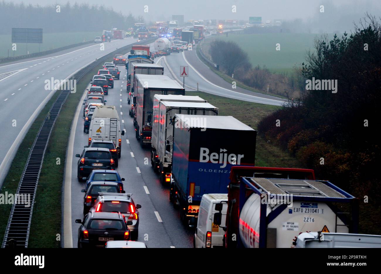 Traffic at a standstill on the main E45 highway after an accident