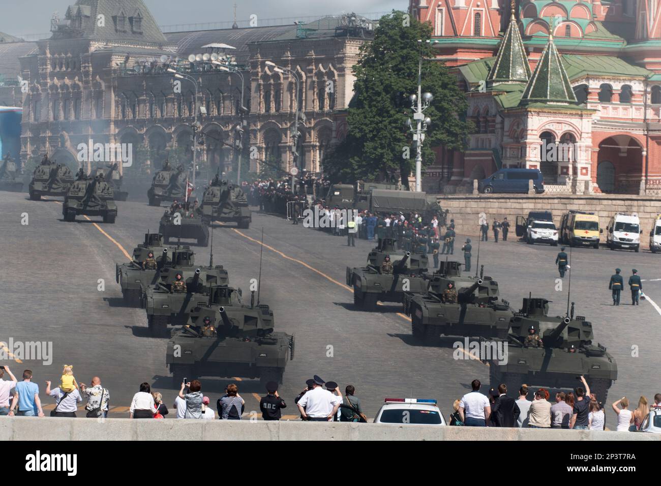 T-14 Armata Main Battle Tanks leaving Red Square during the Moscow Victory Day Parade. Stock Photo