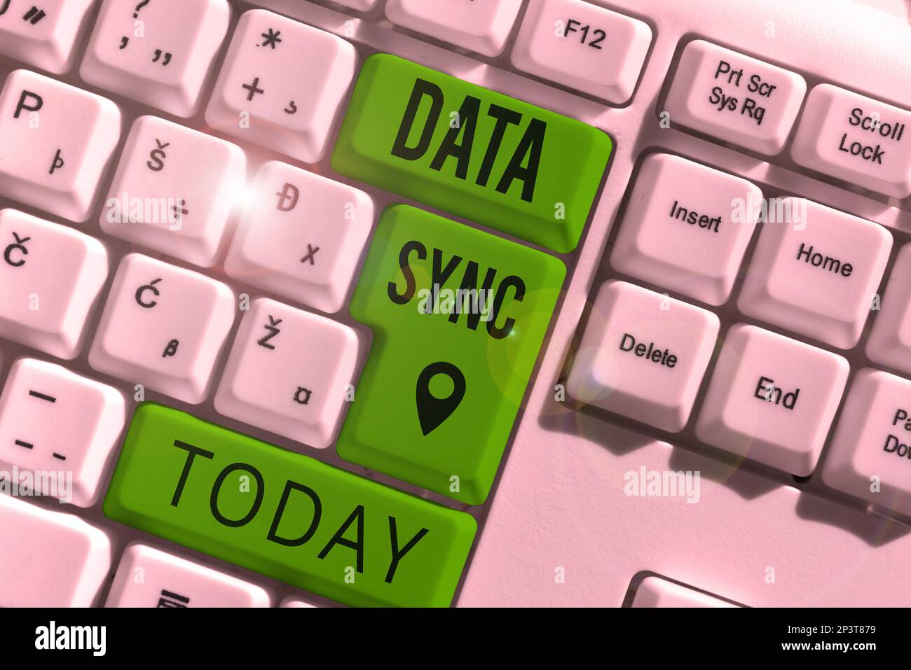 Conceptual display Data Sync. Word for data that is continuously generated by different sources Stock Photo