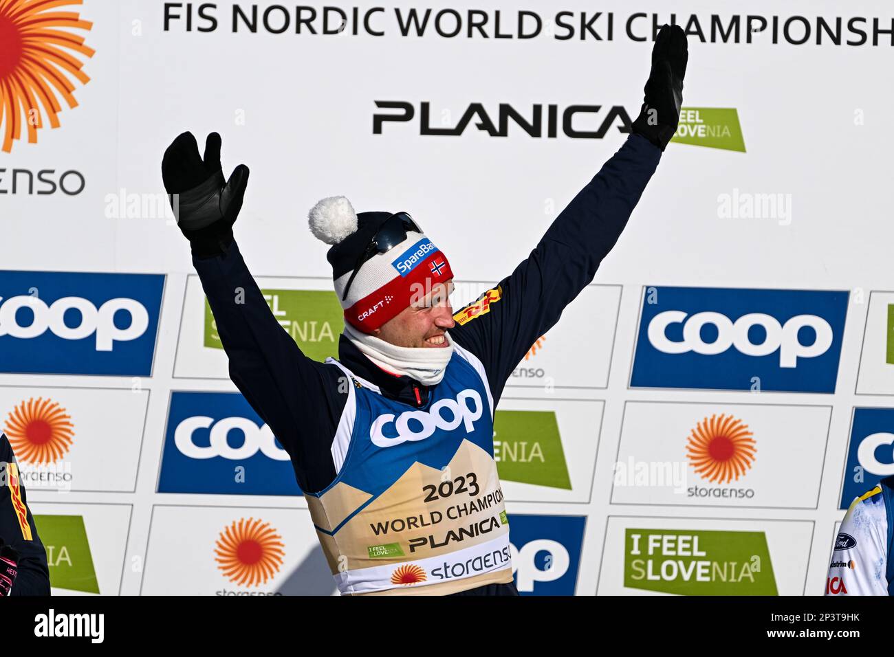 Planica, Slovenia. 05th Mar, 2023. Paal Golberg of Norway celebrates after winning the Men's Mass Start 50km Classic race at the Nordic World Championships in Planica. Credit: SOPA Images Limited/Alamy Live News Stock Photo