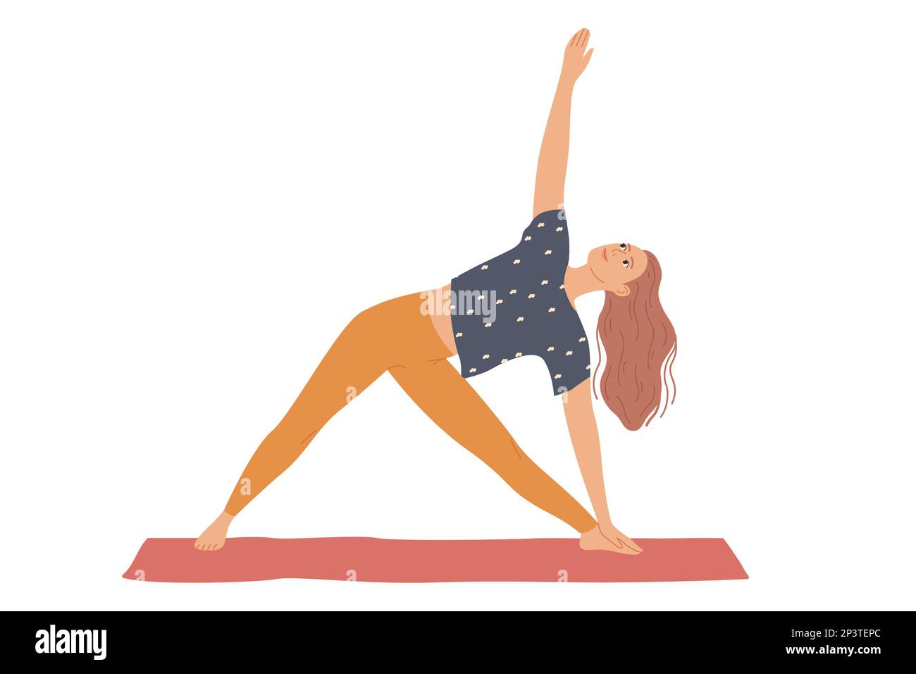 Woman performs yoga exercises by bending to the side and raising her hand - a triangle pose, three corners or Trikonasana Stock Vector