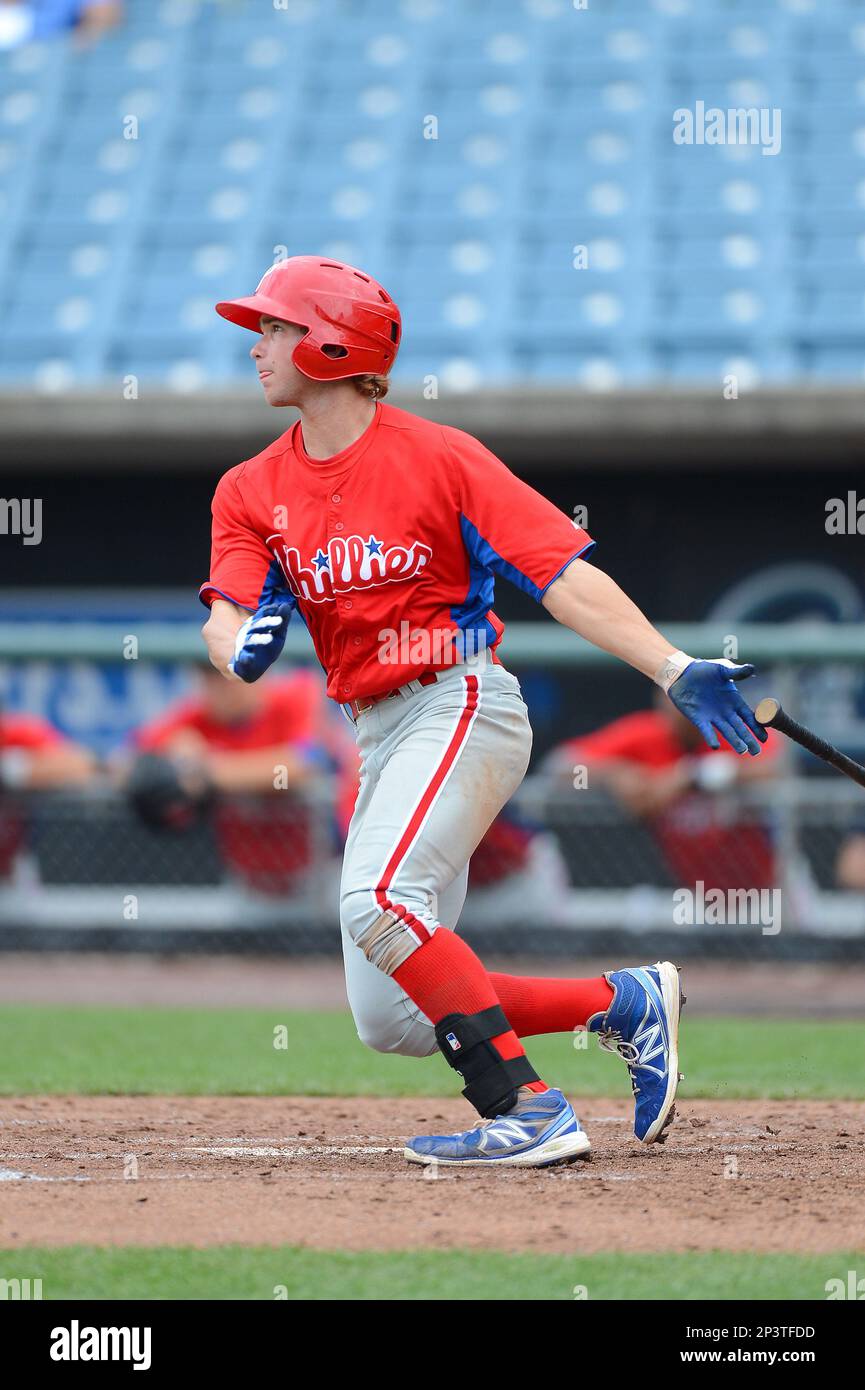 Outfielder Luke Bonfield (19) of IMG Academy and Skillman, New Jersey  playing for the Philadelphia Phillies scout team during the East Coast Pro  Showcase on August 1, 2013 at NBT Bank Stadium