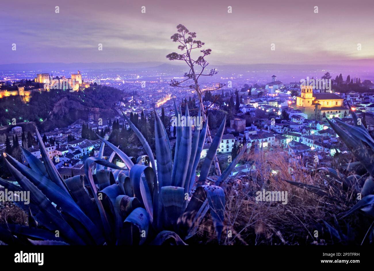 City view. Alhambra and Albaicín quarter(At right Iglesia del Salvador and in background San Nicolás Church). Granada, Andalucia, Spain Stock Photo