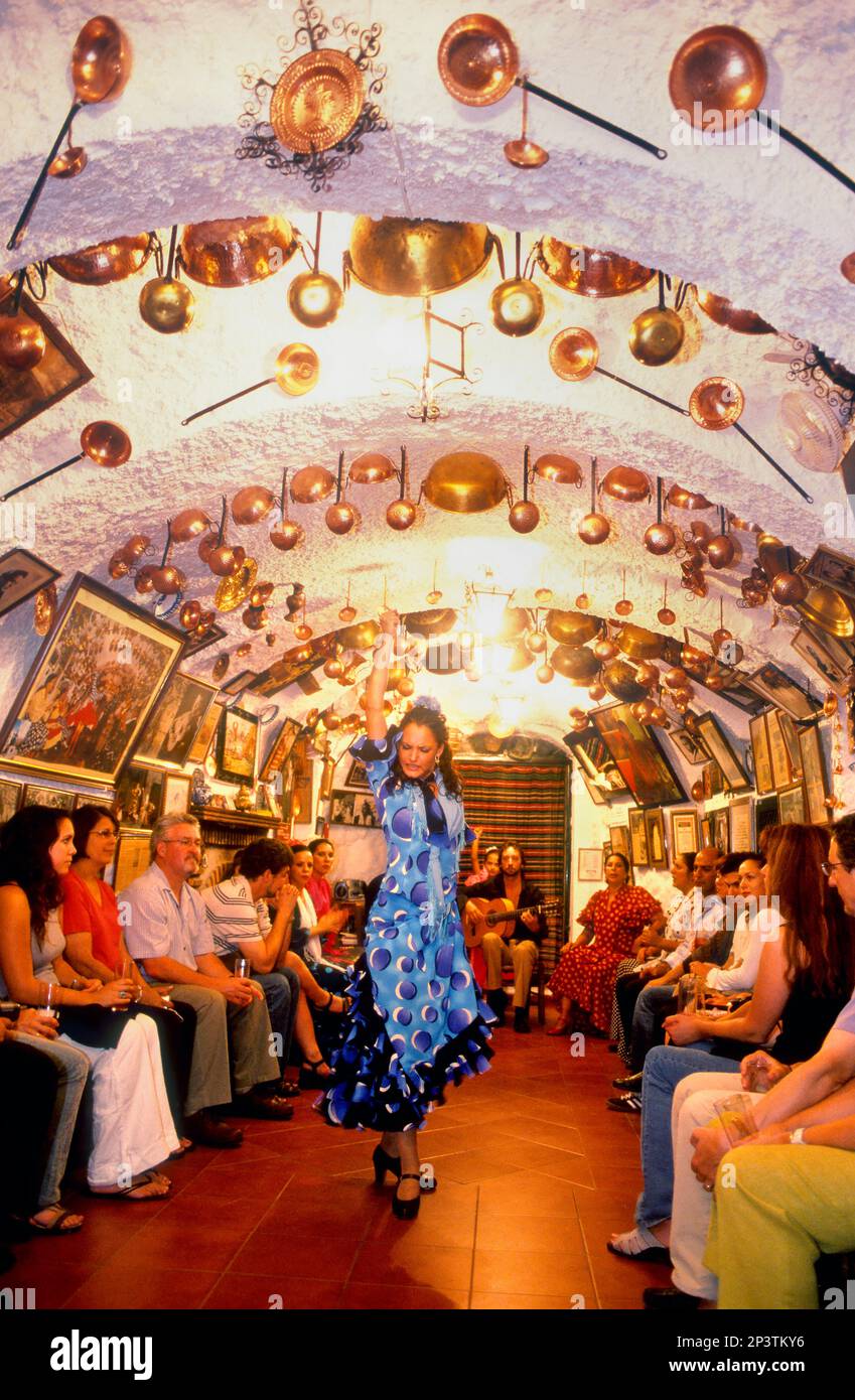 flamenco dancing at Cueva Maria la Canastera.A local bar in a cave in the Gypsie District of Sacramonte , Granada, Andalusia, Spain, Europe. Stock Photo