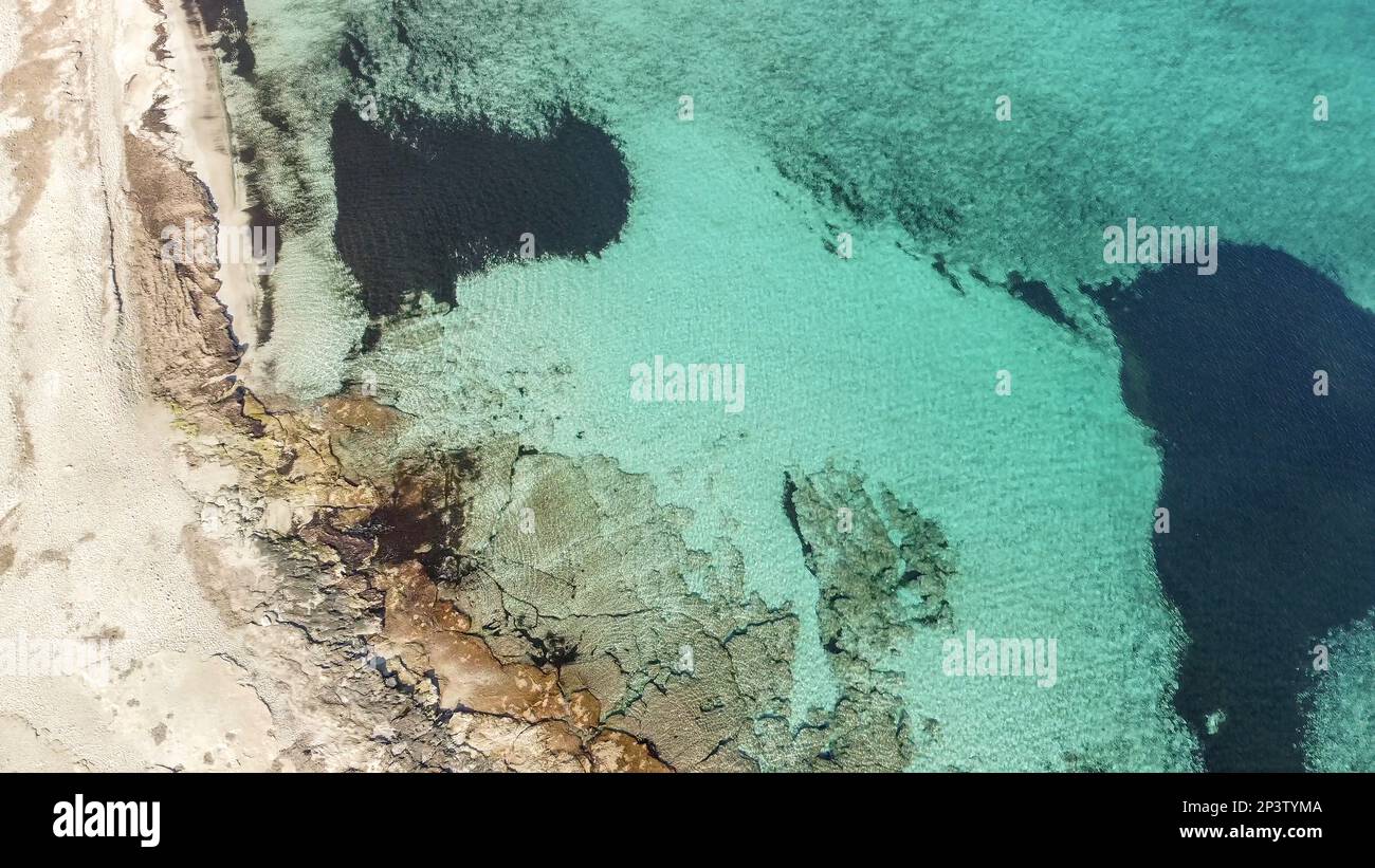 aerial view natural paradise beach in the mediterranean, Calamillor, Majorca, Balearic Islands Stock Photo