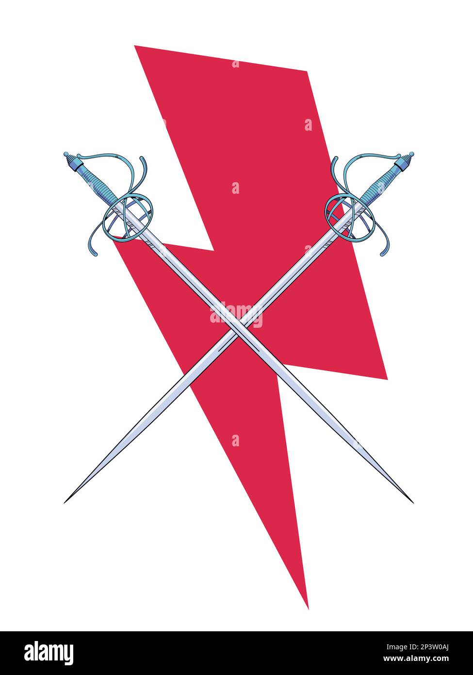 Vector illustration of two clashing swords over the symbol of red thunderbolt. Ideal design for chivalry and adventure comics. Stock Vector