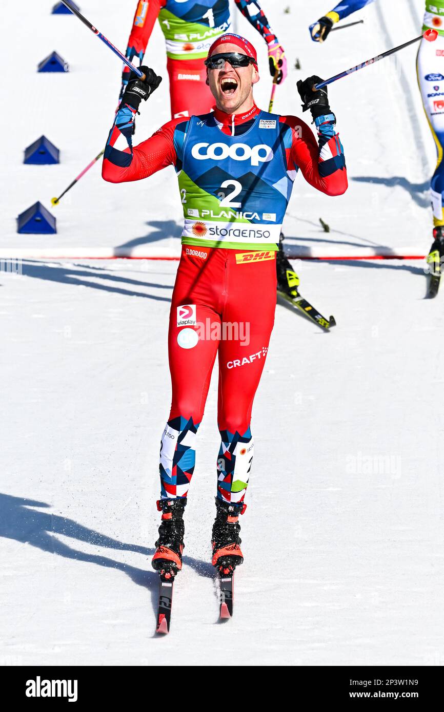 Paal Golberg of Norway celebrates after winning the Men's Mass Start 50km Classic race at the Nordic World Championships in Planica. (Photo by Andrej Tarfila / SOPA Images/Sipa USA) Stock Photo