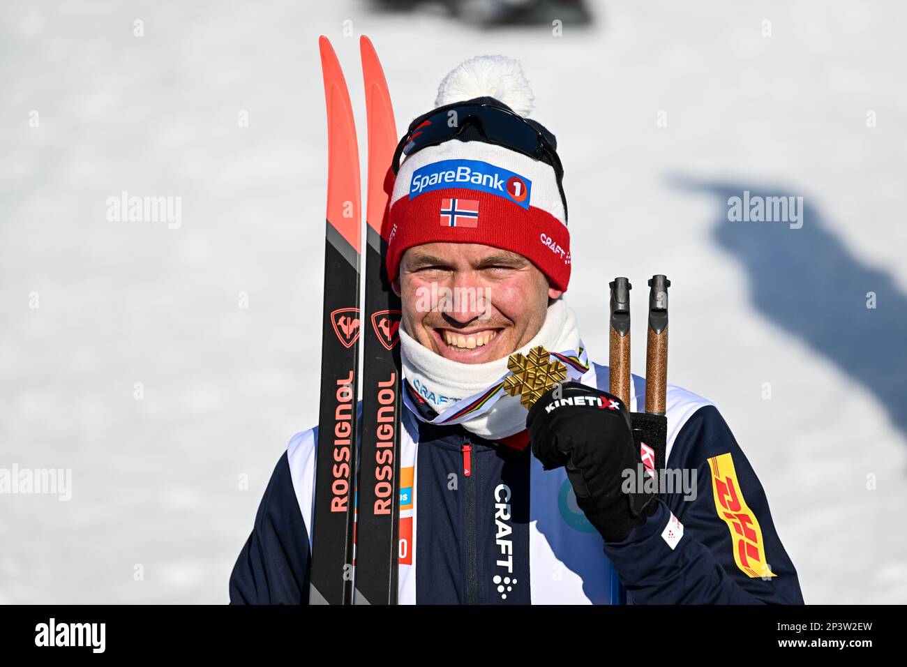Planica, Slovenia. 05th Mar, 2023. Paal Golberg of Norway celebrates after winning the Men's Mass Start 50km Classic race at the Nordic World Championships in Planica. (Photo by Andrej Tarfila/SOPA Images/Sipa USA) Credit: Sipa USA/Alamy Live News Stock Photo