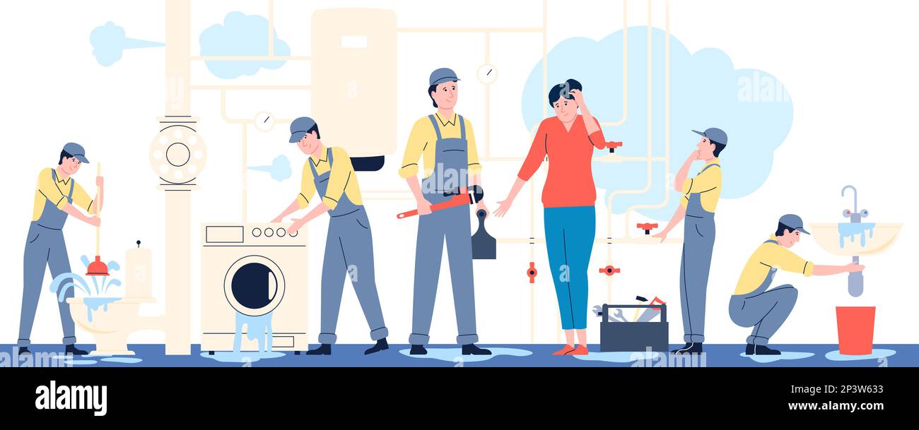 Plumber service at home. Woman has a toilet and bathroom problems, cartoon plumbers repair pipe. Flat handyman helps female recent vector scene Stock Vector
