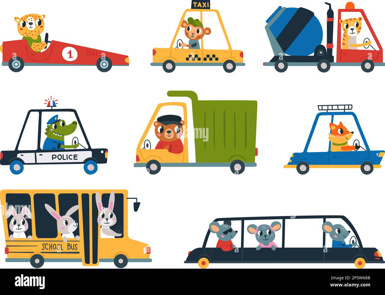 Funny cartoon animals drive cars trucks and bus. Pets driving, kids transport with animal clipart. Rabbit, fox and bear drivers, isolated baby classy Stock Vector