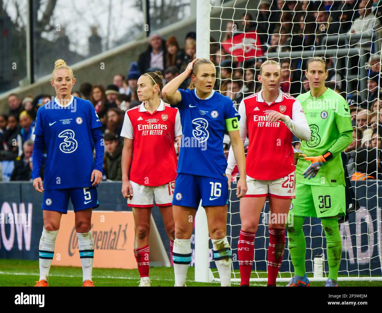 Croydon, UK. 05th Mar, 2023. Selhurst, Croydon, England, March 5th 2023: Sophie Ingle (5 Chelsea) and Magalena Eriksson (16 Chelsea) look to defend a corner during FA Women's League Cup Final game between Arsenal and Chelsea at Selhurst Park in Selhurst, Croydon, England. (Claire Jeffrey/SPP) Credit: SPP Sport Press Photo. /Alamy Live News Stock Photo