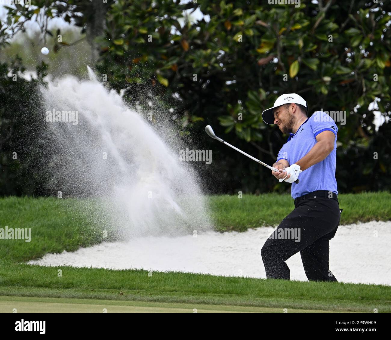 Orlando, United States. 05th Mar, 2023. Xander Schauffele from San Diego, Ca., makes a shot out of the bunker near the first green during the fourth and final round of the Arnold Palmer Invitational presented by Mastercard at the Bay Hill Club and Lodge in Orlando, Florida on Sunday, March 5, 2023. Photo by Joe Marino/UPI. Credit: UPI/Alamy Live News Stock Photo
