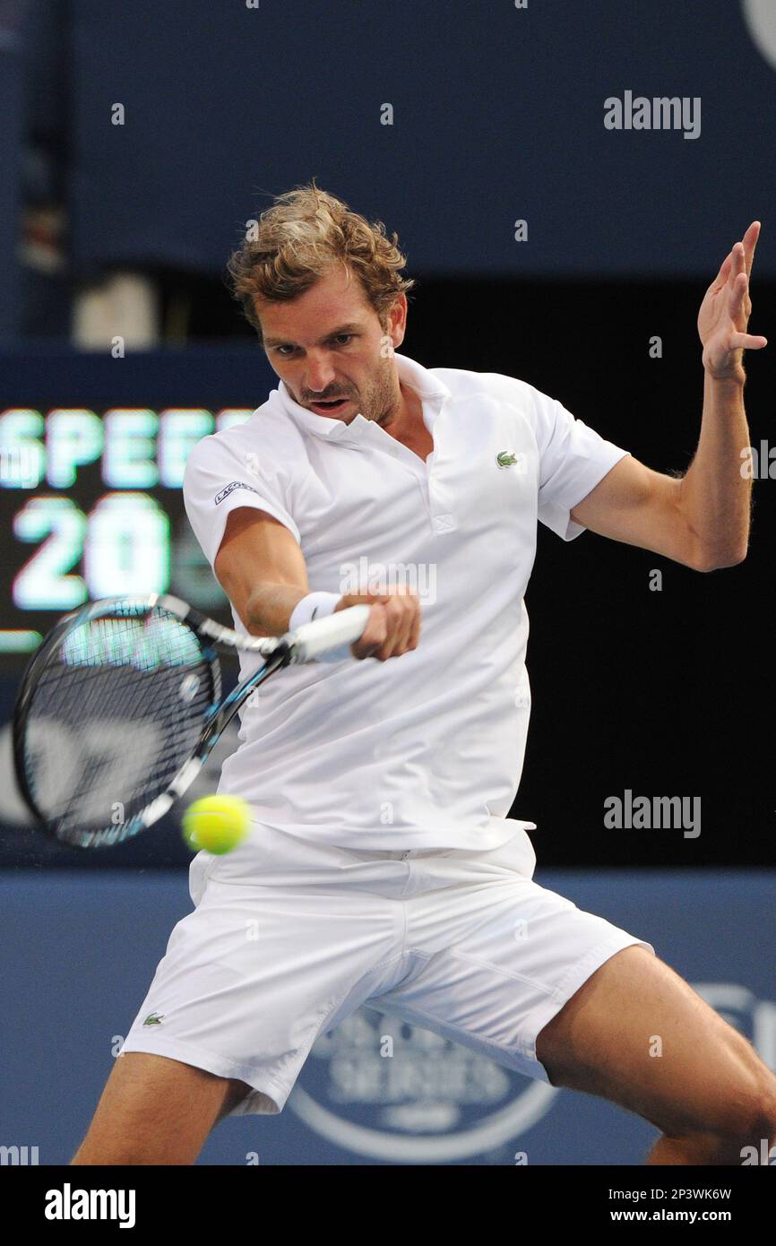 August 7, 2014: Julien Benneteau (FRA) in action against Milos Raonic (CAN)  during the third round of the ATP Rogers Cup. Raonic won 6-3, 4-6, 6-4 at  Rexall Centre in Toronto, ON (