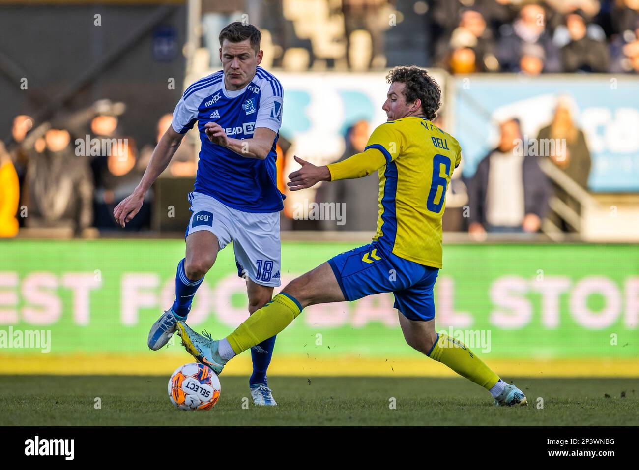 Lyngby, Denmark. 05th Mar, 2023. Alfred Finnbogason (18) of Lyngby and Joe Bell (6) of Broendby IF seen during the 3F Superliga match between Lyngby Boldklub and Broendby IF at Lyngby Stadium. (Photo Credit: Gonzales Photo/Alamy Live News Stock Photo