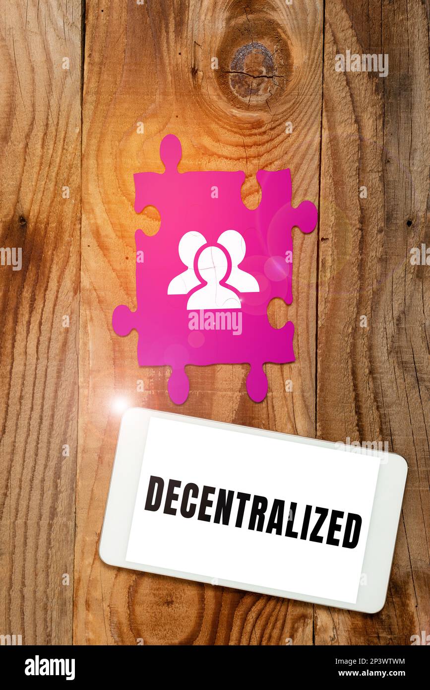 Hand writing sign decentralized business idea move departments away
