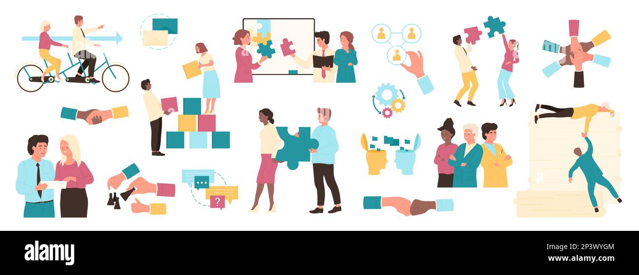 Business teamwork set vector illustration. Cartoon people of corporate