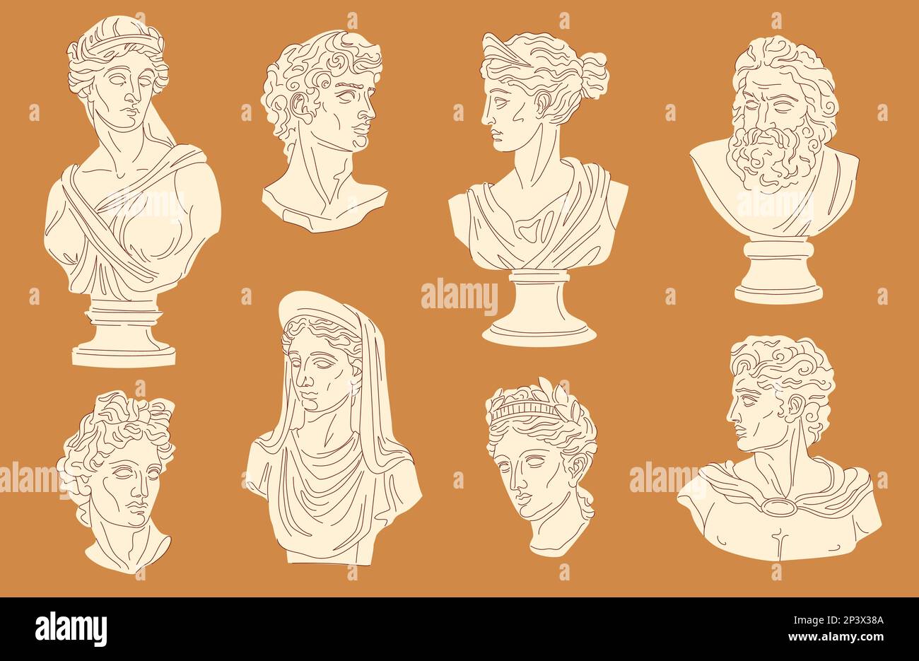 Greek bust. Plaster statue david apollo artemis demeter portrait, women greek goddess roman sculptures marble michaelangelo ancient monument, ingenious vector illustration of greek antique sculpture Stock Vector