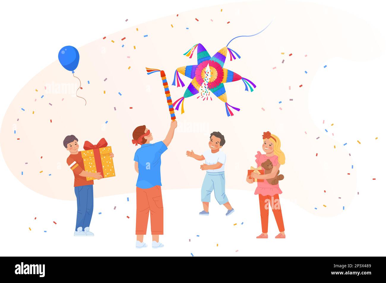 Pinata game. Kids in blindfold hitting pinatas, mexican posada celebration birthday sweet party