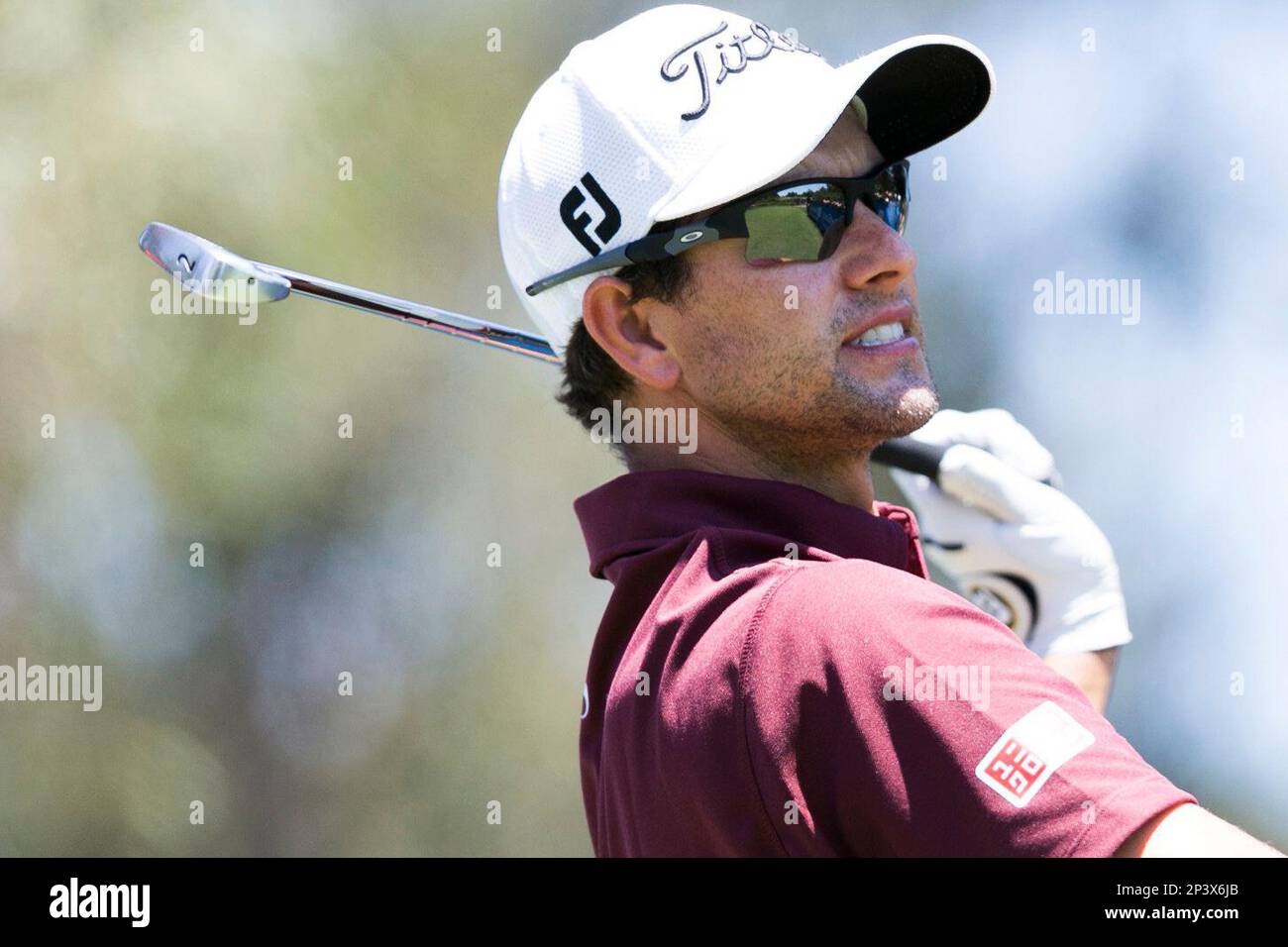 November 23, 2014: Adam Scott looses grip of his iron after playing a  wayward tee shot on the 4th hole during the final round of the Australian  Golf Masters at Metropolitan Golf, image size:1300x956