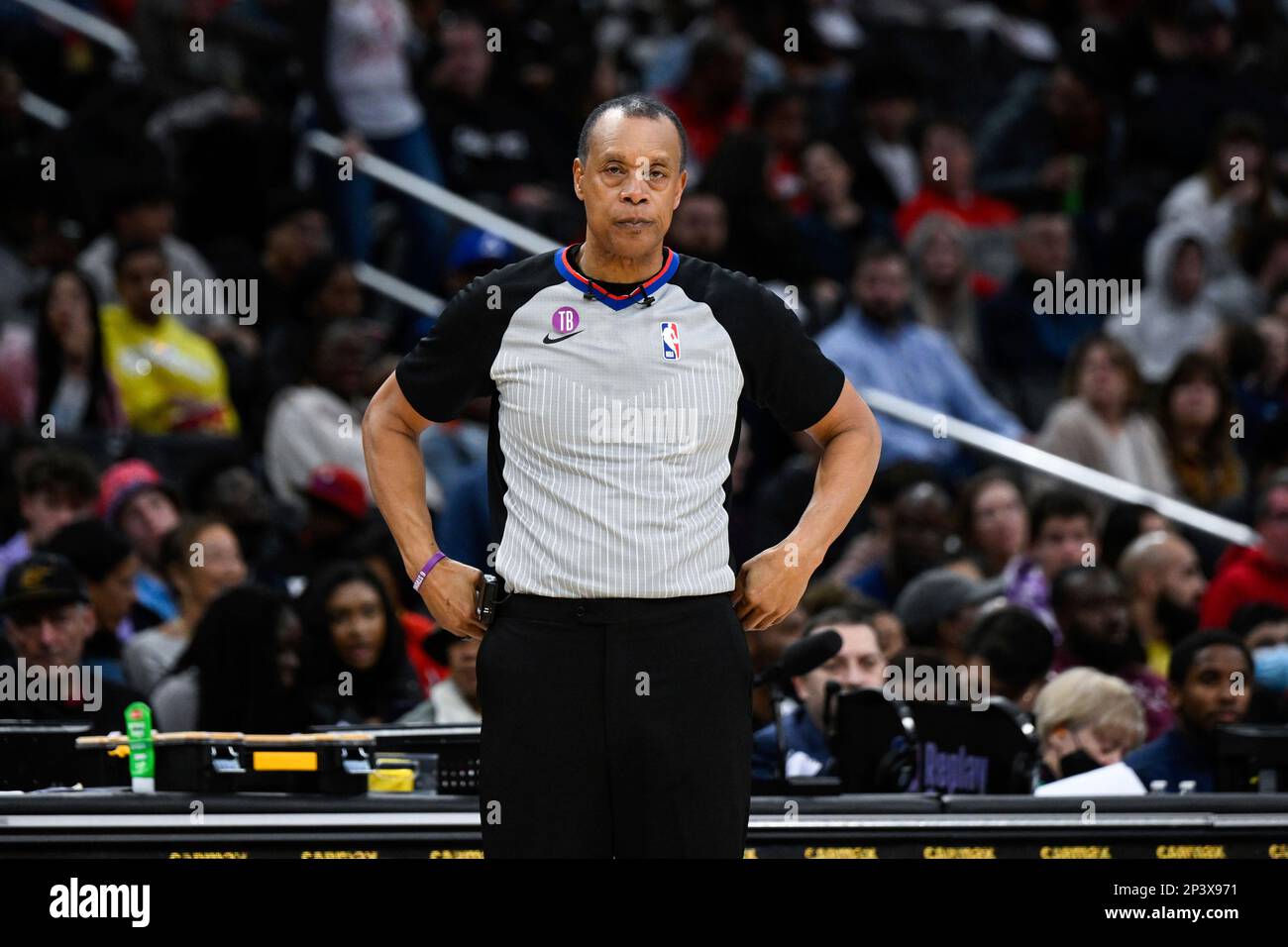 Referee Rodney Mott looks on during the second half of an NBA 