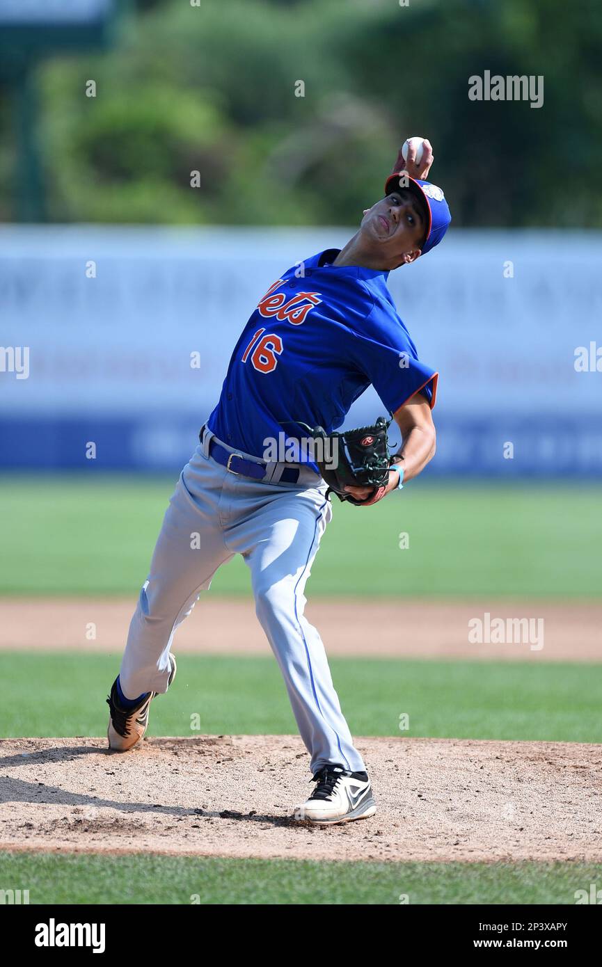 Austin Reich (16) of Brusly High School in Saint Francisville, Louisiana  playing for the New York Mets scout team during the East Coast Pro Showcase  on August 2, 2014 at NBT Bank