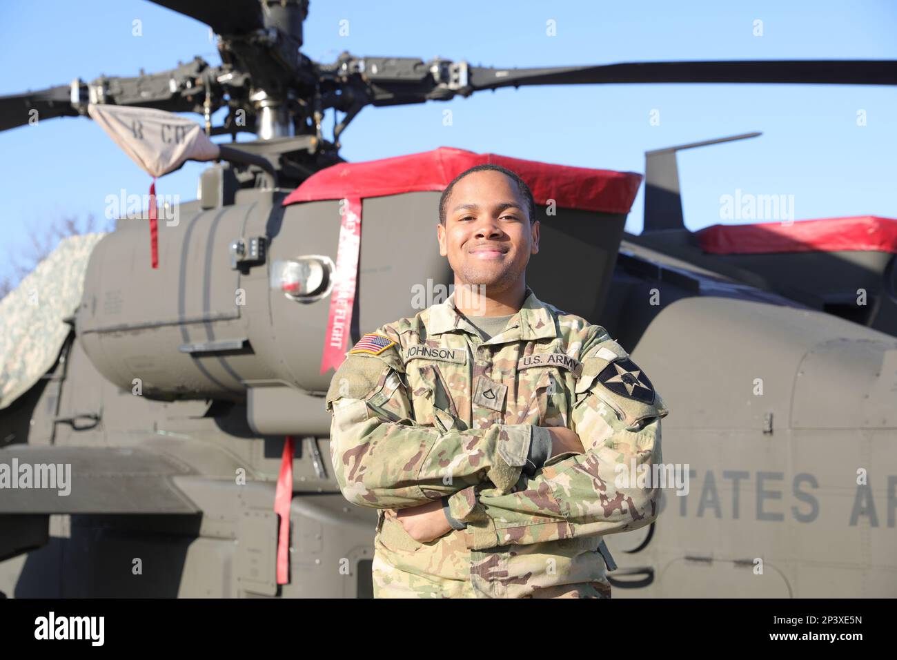 February is Black History Month and we asked our Soldiers 'Why is diversity important in the U.S. Army?'    “Diversity in the Army is crucial because it allows us to have a larger, more well-rounded team,' said Pfc. Allen Johnson, 15R AH-64 Attack Helicopter Repairer, C Company, 4th Battalion, 2nd Aviation Regiment, 2nd Combat Aviation Brigade, 2nd Infantry Division/ROK-U.S. Combined Division from Tampa, Florida. 'Everyone brings their own unique strengths and weaknesses, and with diversity, we can bring all of these different qualities together. This leads to a more diverse group of individua Stock Photo